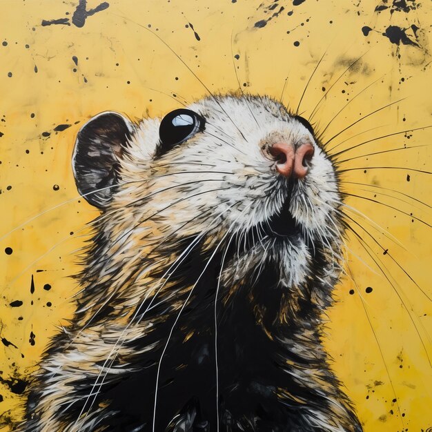 Hyperrealistische straatkunst Monumentale inkt schilderij van een rat op gele verf