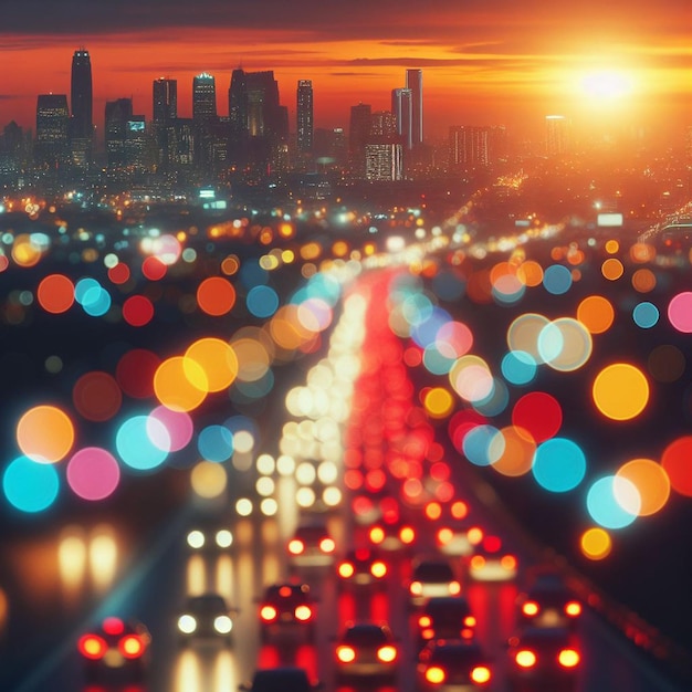 Hyperrealistische vectorkunst 35mm gekleurde kleurrijke abstracte omringde lichtverkeer auto's Bokeh achtergrond