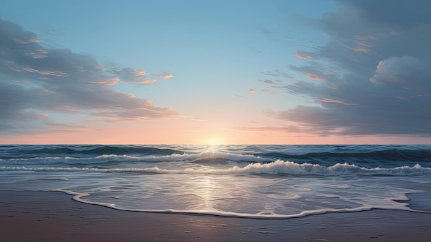 Hyperrealistische weergave van een kalm oceaanstrand bij zonsopgang