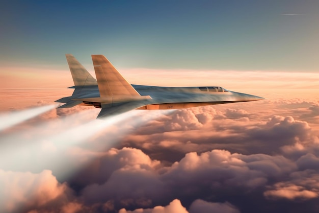 Hypersonic jet breaking sound barrier in sky created with generative ai