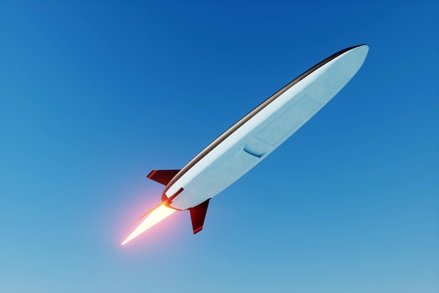 Hypersonic warfare missile flies against the blue sky Concept war assassination conflict politics