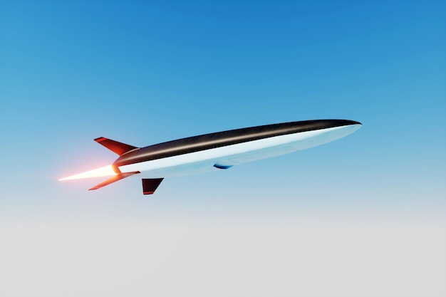 Foto hypersonische oorlogsvoering raket vliegt tegen de blauwe hemel concept oorlog moord conflict politiek