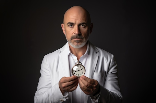 白い服を着た催眠療法士が催眠のためのポケット時計を握っています世界催眠の日