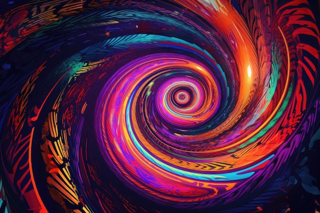 ネオンカラーと複雑なパターンの鮮やかな渦巻きによる、催眠術的で超現実的なサイケデリックな渦
