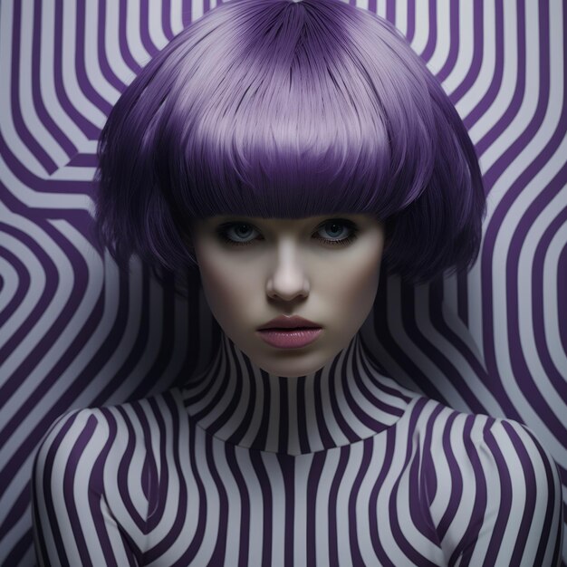 Photo hypnotic symmetry woman with purple bob on striped background