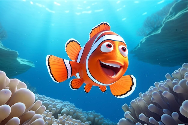 Foto hypnotiserende dance 3d rendering van clown anemonefish glijden door de zee in spectacular 32 ar