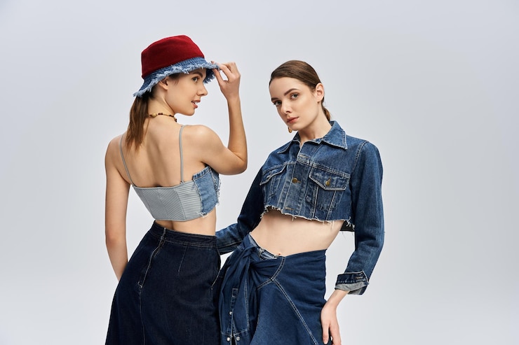 Foto hypnotiserende tweelingen tonen trendy denim mode in een stijlvolle studio omgeving