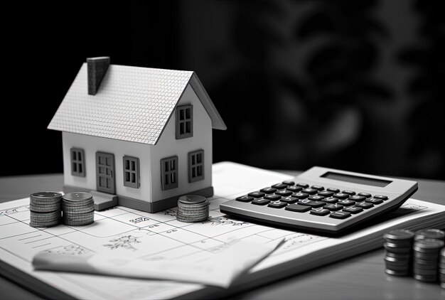 hypotheekcalculator met pen en huis in tafel in de stijl van minimalistische achtergronden