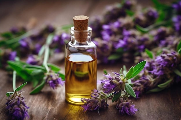 Hyssop essential oil alongside hyssop on a table