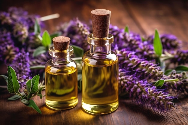 Hyssop essential oil alongside hyssop on a table