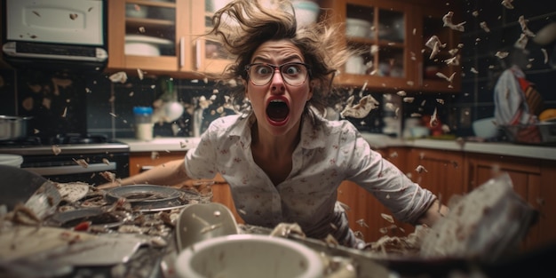 hysterical screaming woman in the kitchen broken dishes Generative AI