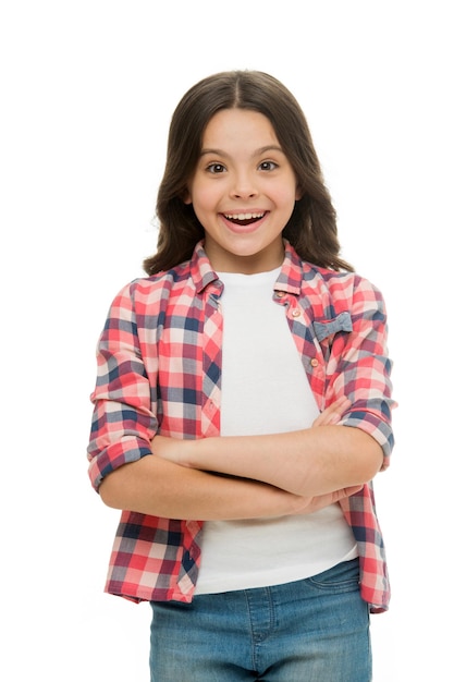 I am so pleased Kid happy loves pleasant surprises Girl curly hairstyle adorable wondering face Child surprised smile isolated white background Kid girl long curly hair surprised happy