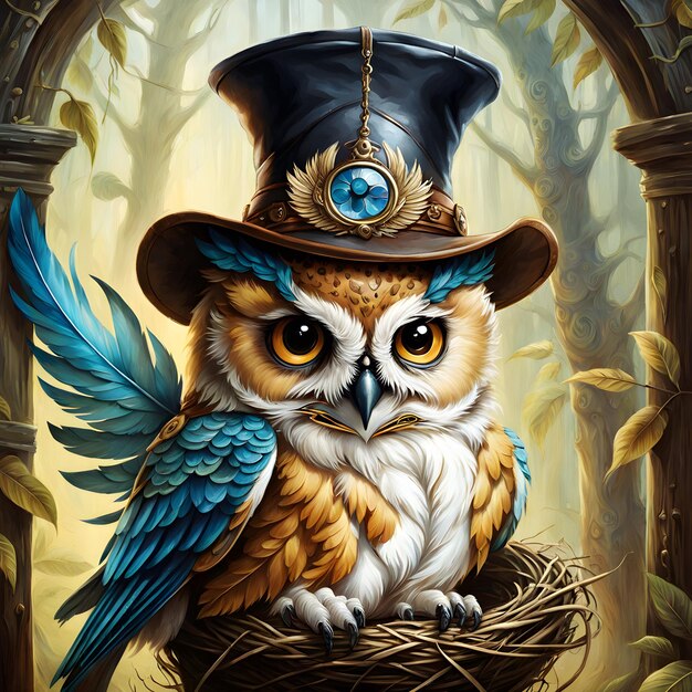 I came across a huge owl perched in a tree looking cute with a leather hat perched atop its large h