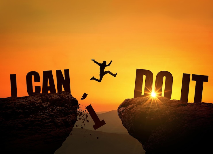 I can do it 概念 成功商人在日落时跳过一块岩石 我不能转化为可以创意的想法