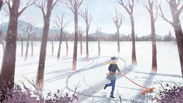 I Go For A Walk With My Dog In Winter Illustration