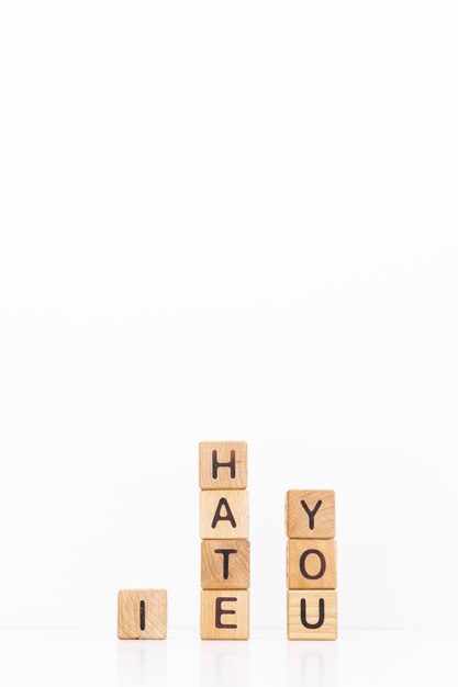 I hate you word is written on wooden cubes on a white background Closeup of wooden elements