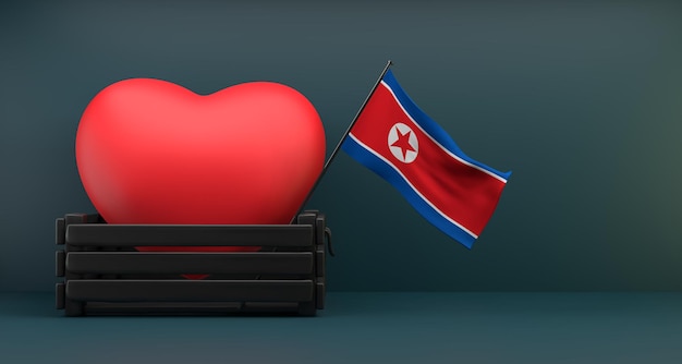 北朝鮮大好き 国旗 北朝鮮 ハートのコピースペース 3D作品と3D画像