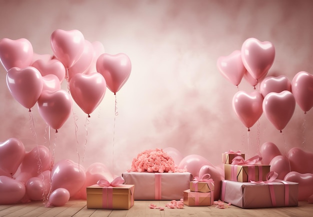 I love White gifts heart balloons pink background floating love