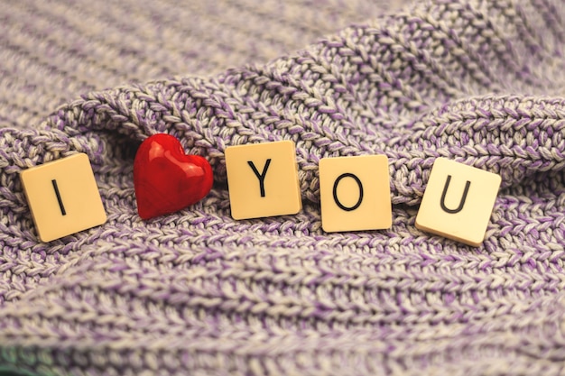 I love you composition with words, Valentine's Day theme or concept on background of knitted sweater, red heart copy space photo