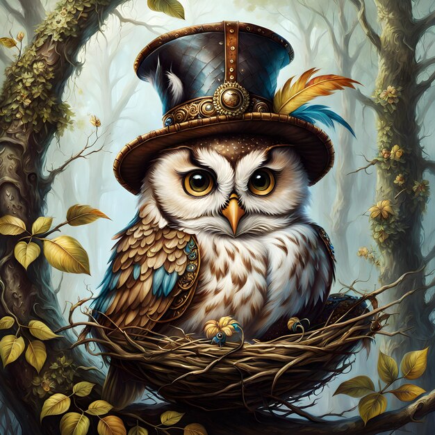 I saw a huge owl perched in a tree looking so cute with a tiny leather hat perched on its head The