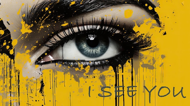 I see you Closeup of woman eye with yellow paint splashes Generative AI