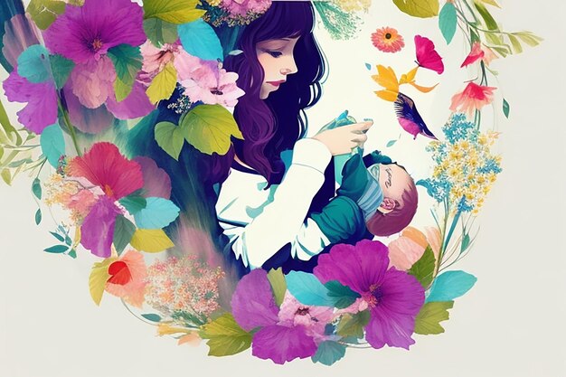 I want an abstract woman feeding baby in a poster style in colourful double exposure with flowers and leafs