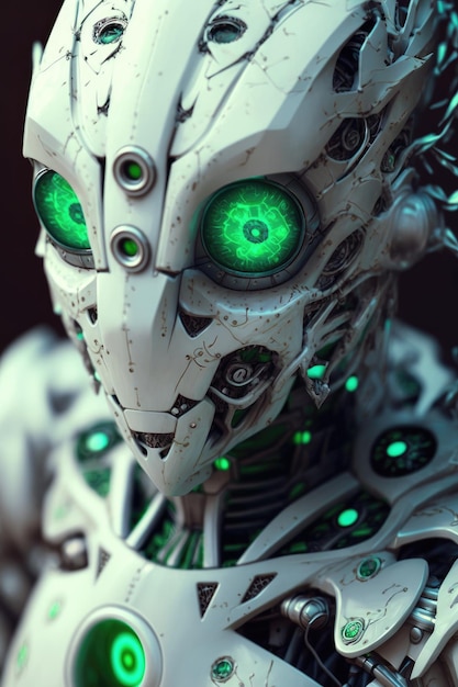 IA generated a close-up of a robot covered in white porcelain skin with green eyes.