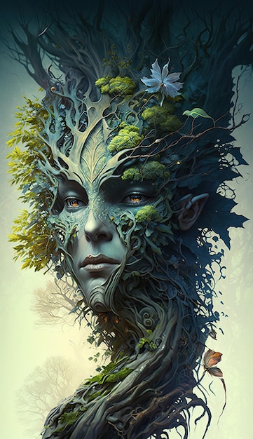 IA generated Digital artwork of a woman's face made of tree branches and leaves