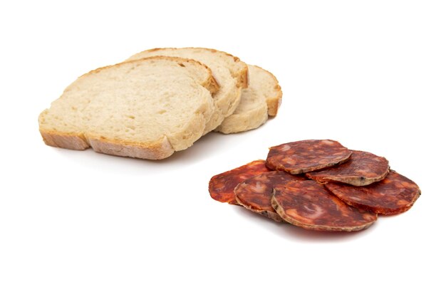 Iberian chorizo, is a Spanish sausage. Isolated on white background. Spanish food concept.