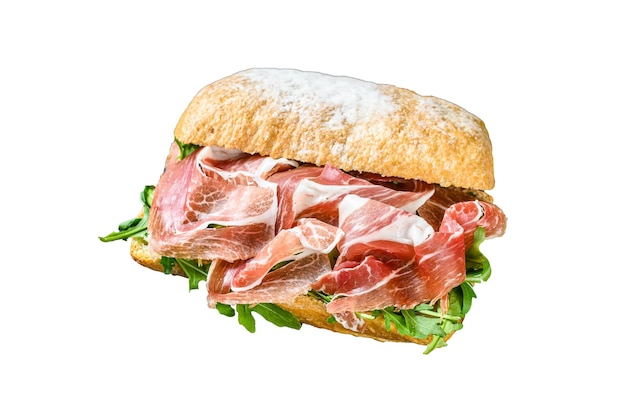 Iberico jamon ham sandwich on ciabatta bread Isolated on white background