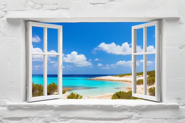 Ibiza mediterranean white wall window with Formentera beach view photoillustration