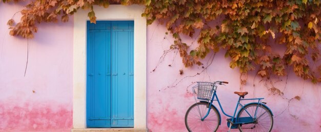 Photo ibiza pink bike on street outside small square spain in the style of photorealistic landscapes charming rustic scenes contest winner turquoise and beige