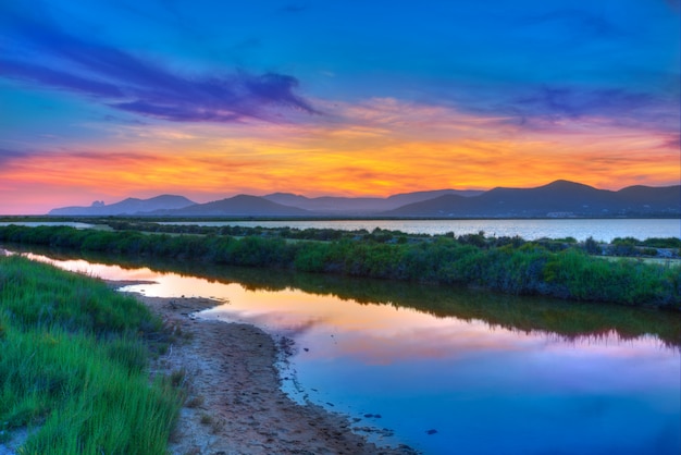 Ibiza ses Salines saltworks at sunset in Sant Josep