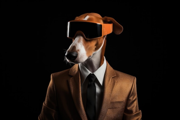 Ибизанская гончая собака в костюме и виртуальной реальности на черном фоне