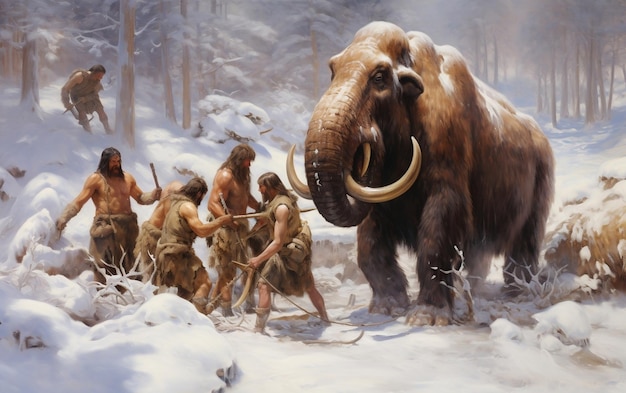 Photo ice age hunt cavemen tracking a woolly mammoth generative ai
