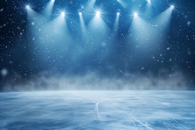 Photo ice background empty ice rink illuminated by spotlights