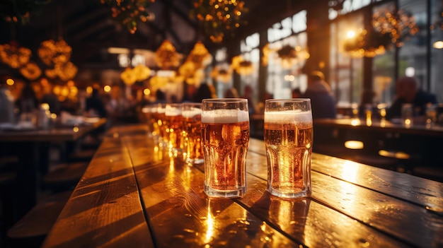 Ice beer in large mugs stands on a wooden bar table on the eve of Oktoberfest