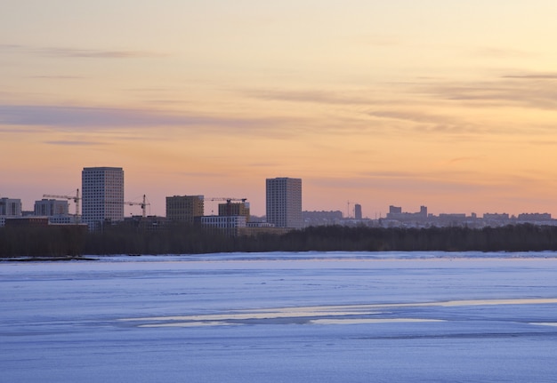 ice and blue pure snow on the great siberian river in winter at dawn novosibirsk siberia russia