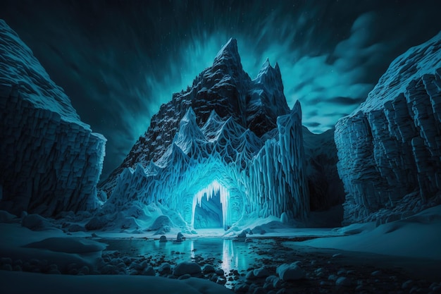 An ice cave in the arctic with a blue background.