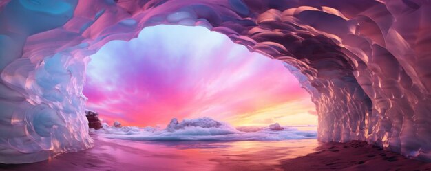 Ice cave cold inside view with colorful sunset light outside winter landscape banner Generative Ai