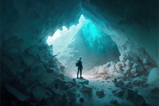 Ice cave exploration in with futuristic scifi pioneer explorer