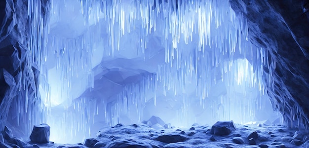 大きな氷の結晶の氷の洞窟素晴らしい風景すべてが霜のつららで覆われています鍾乳石の冬は暗い洞窟の 3 d イラストレーション