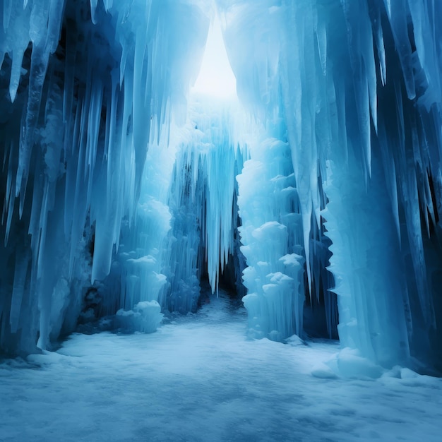 An ice cave with large icicles