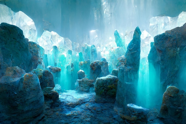 An ice cave with a stream of water coming out of it Generative Ai