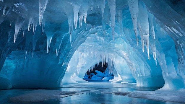 Ice cave with stunning blue formations