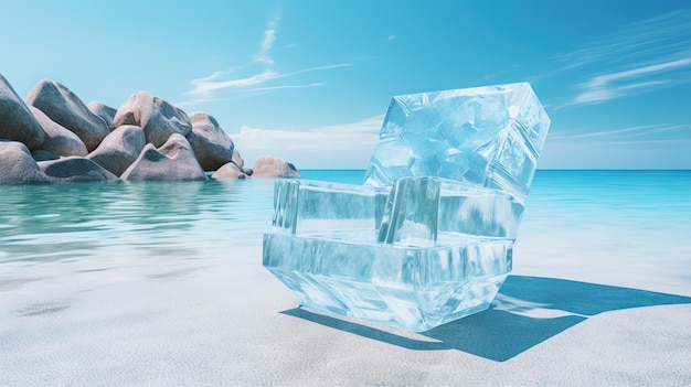 Ледяной стул на пляже освежающая концепция Отдых на жарком берегу с холодным стулом