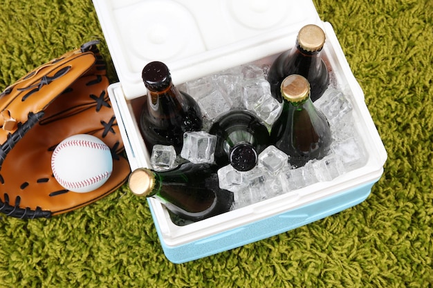 Ice chest full of drinks in bottles on color carpet background