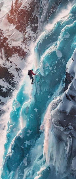 Ice Climber ascending a glittering frozen waterfall extreme detail