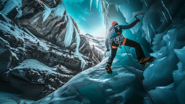 An ice climber climbs a frozen mountain peak gets out of a hole with ice axes and special equipment