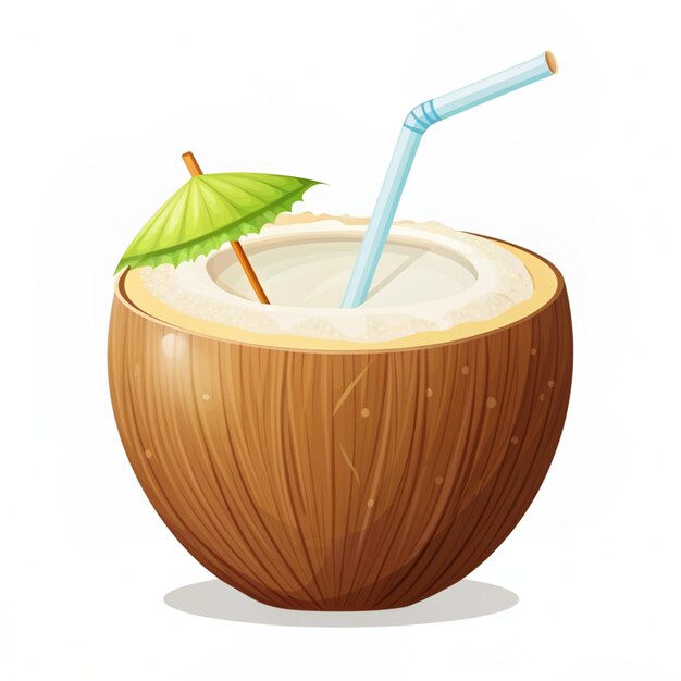 Photo ice coconut with straw vector icon illustration summer food and drink holiday icon concept white isolated flat cartoon style suitable for web landing page banner flyer sticker card